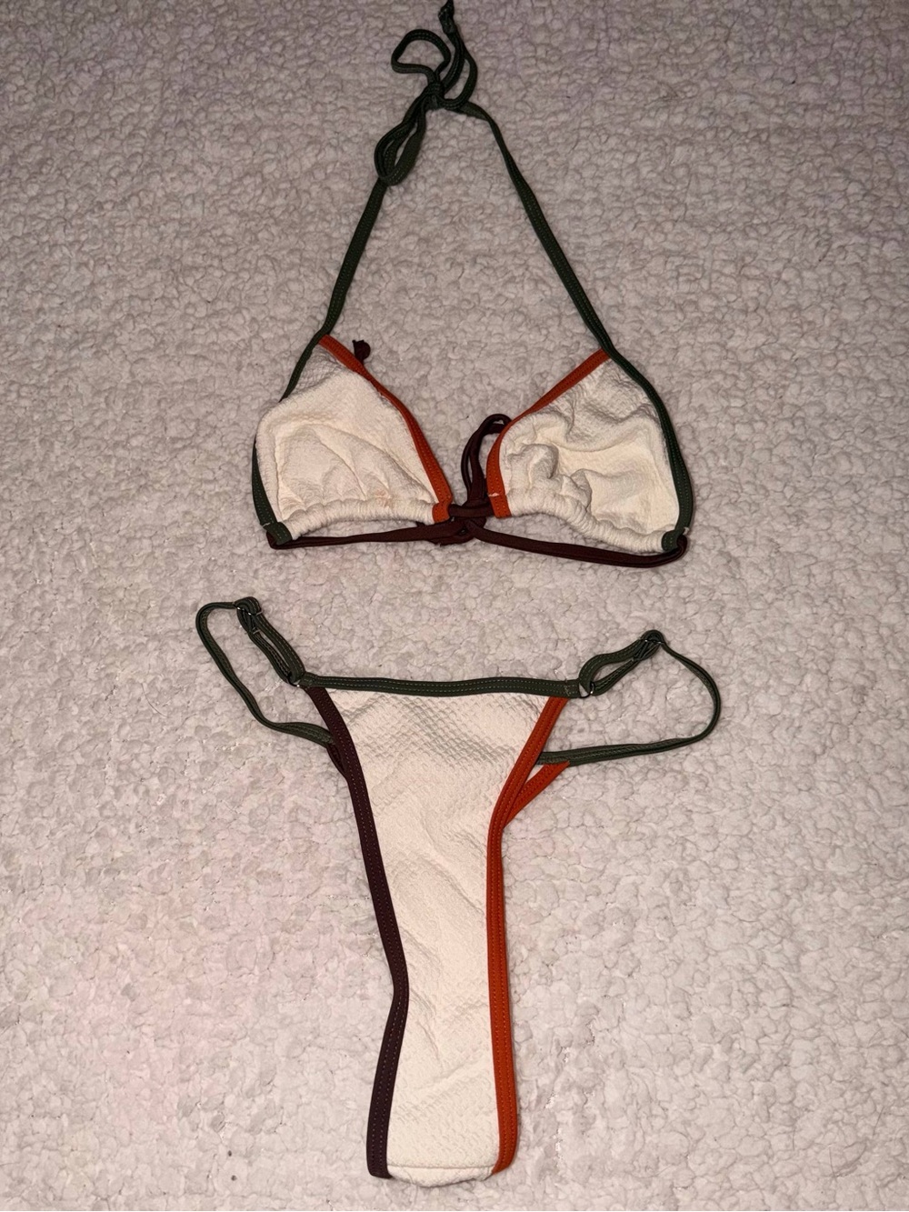 Cream Textured Triangle Bikini with Green & Rust Trim - Picture 5 of 10
